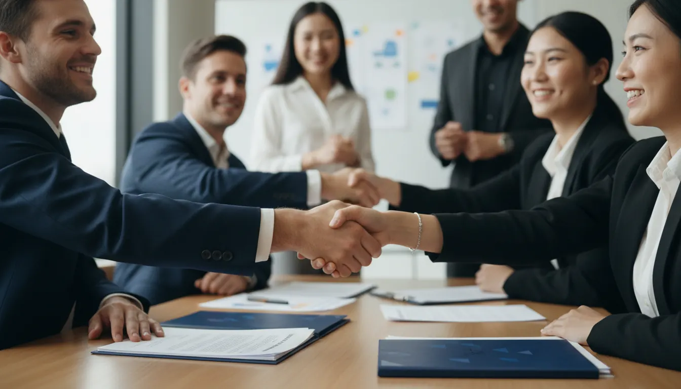 Business professionals shaking hands after finalizing strategic partnership agreement