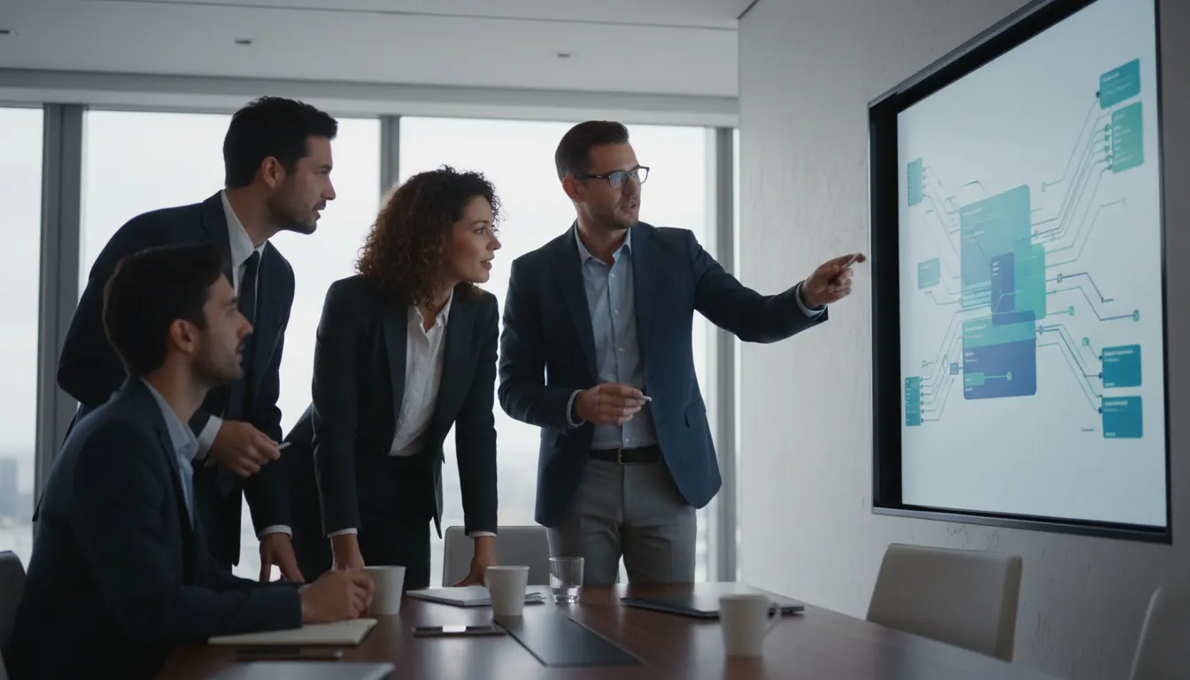 Business professionals in a meeting room discussing software solutions on a large display screen