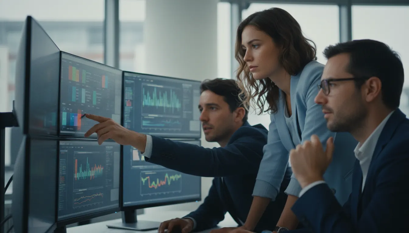 Business professionals analyzing integrated software systems on multiple computer screens