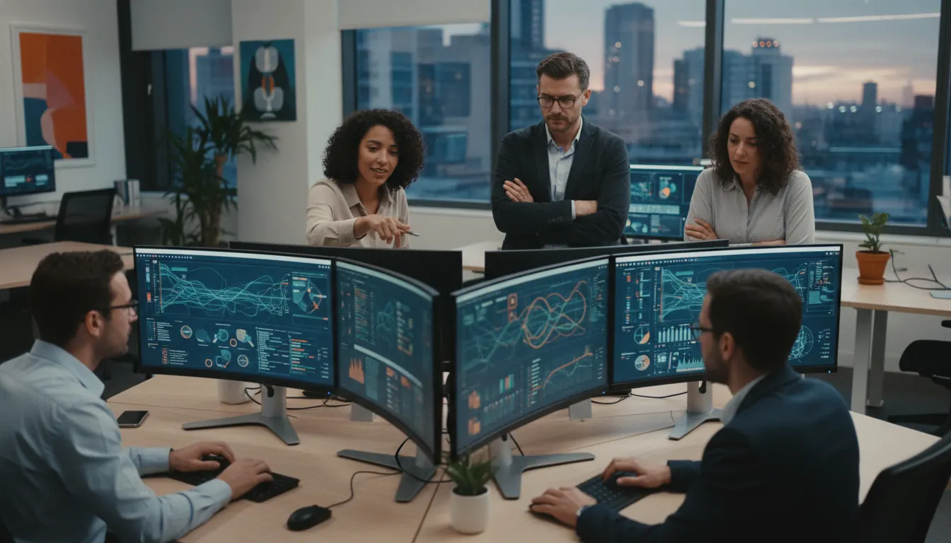 Professional business team analyzing data on multiple computer monitors in modern office