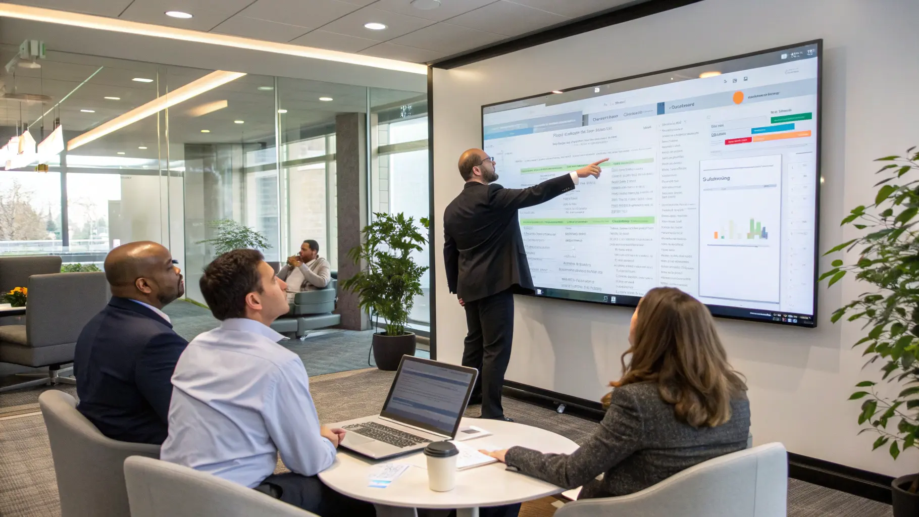 Business professionals in meeting room reviewing software platforms on large presentation screen
