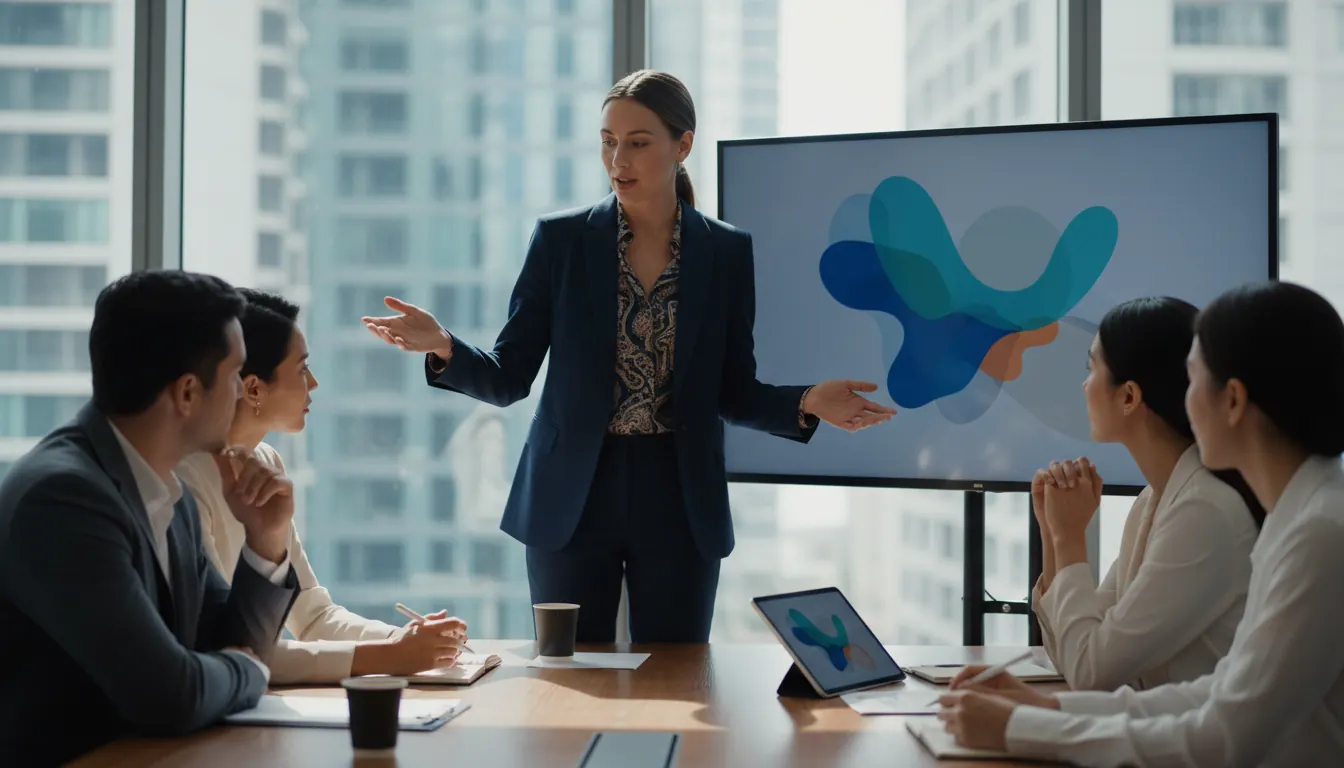 Business consultant presenting growth strategy to gaming company executives in boardroom