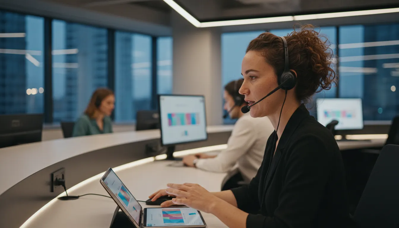 Customer service representative assisting online casino player through headset in modern office