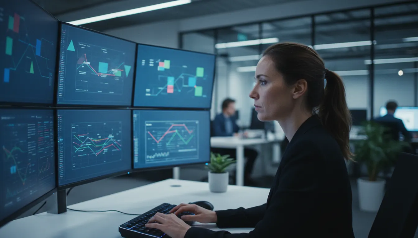 IT security specialist monitoring multiple screens with security systems in modern office