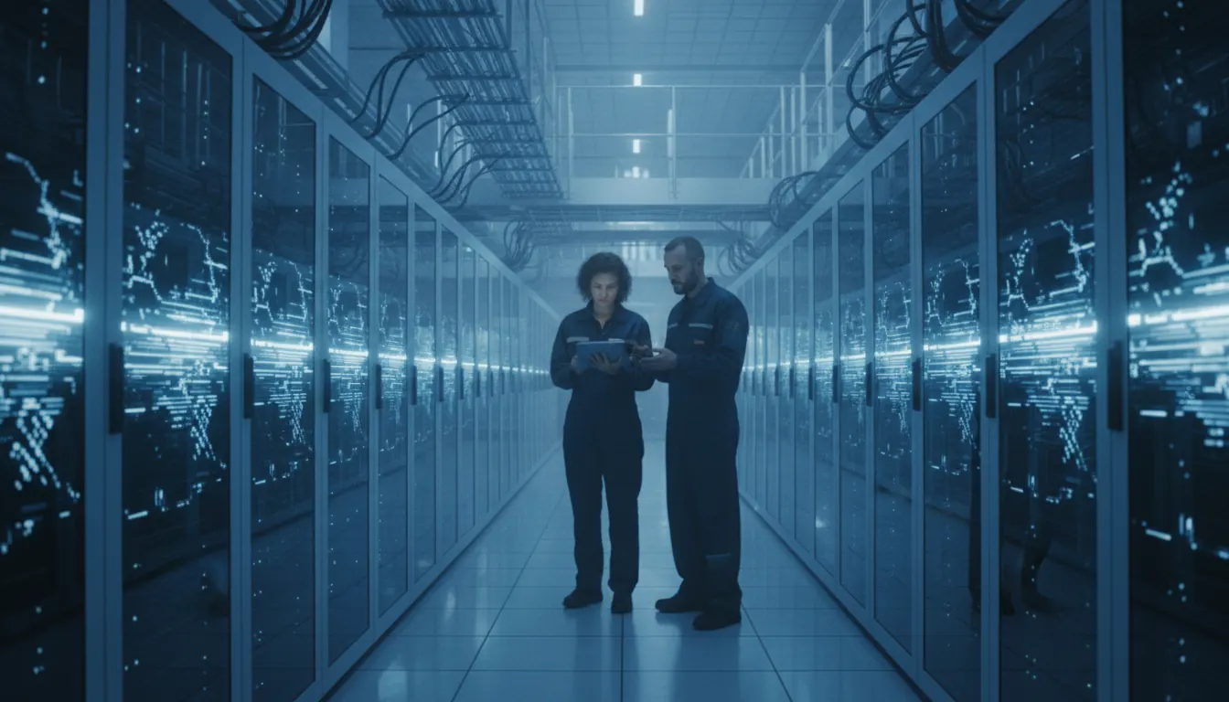Modern data center with rows of servers and blue lighting showing enterprise infrastructure