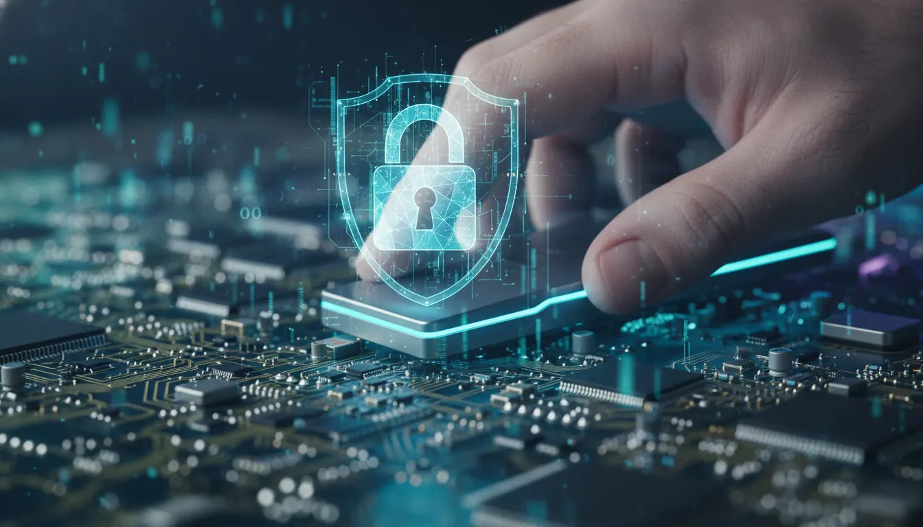 Close-up of digital padlock hologram with circuit board background representing cybersecurity