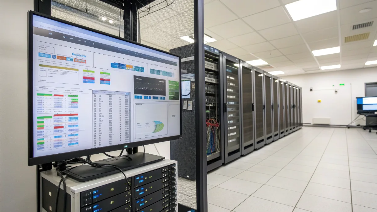 Computer monitor displaying enterprise software integration dashboard with connected system icons