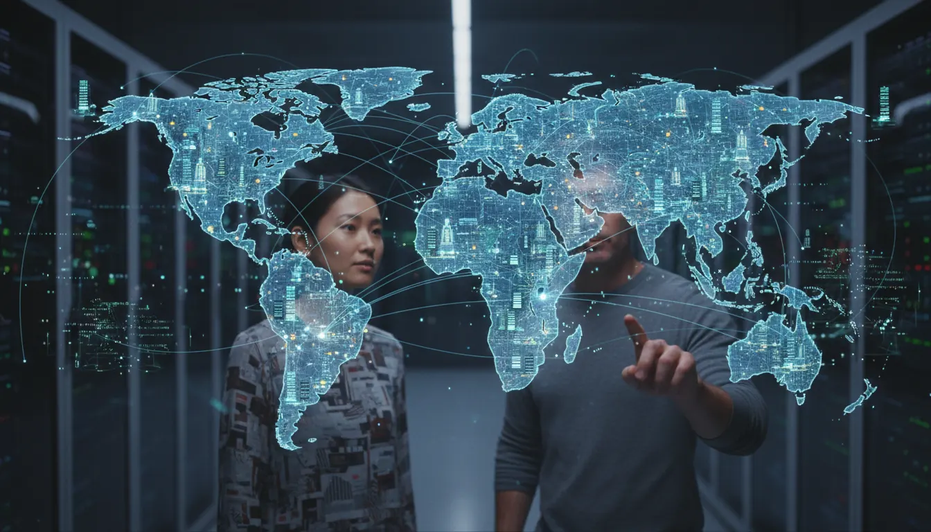 World map displaying global network connections and data centers across multiple continents