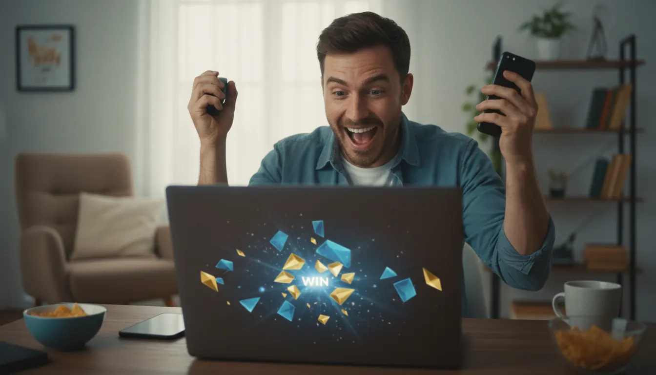 Excited person celebrating a win while playing online casino games on laptop