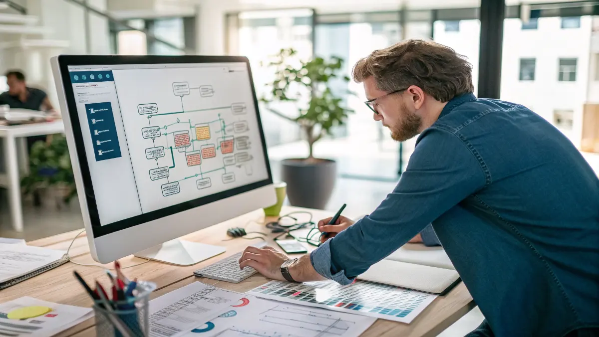 Developer using visual workflow designer to build business application with drag-and-drop components