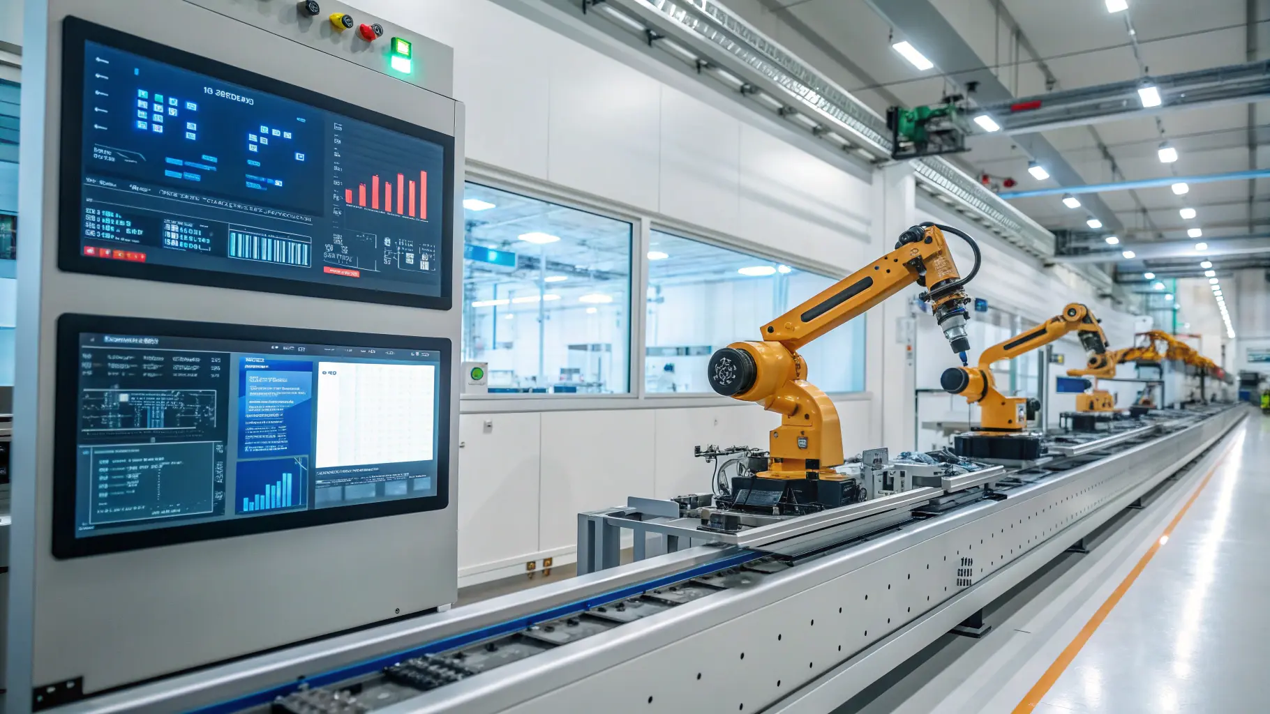 Automated manufacturing assembly line with robotic arms and digital monitoring screens