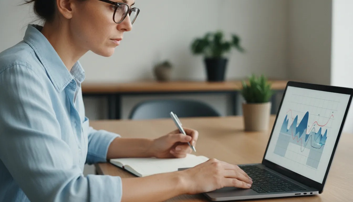 Business analyst reviewing competitive gaming market data on laptop screen
