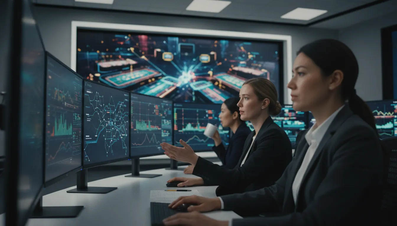 Professional control room with multiple monitors displaying casino operations and data analytics