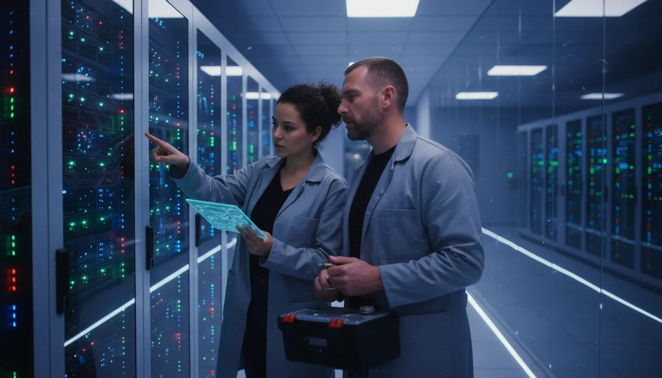 Modern data center with rows of illuminated server racks in secure facility