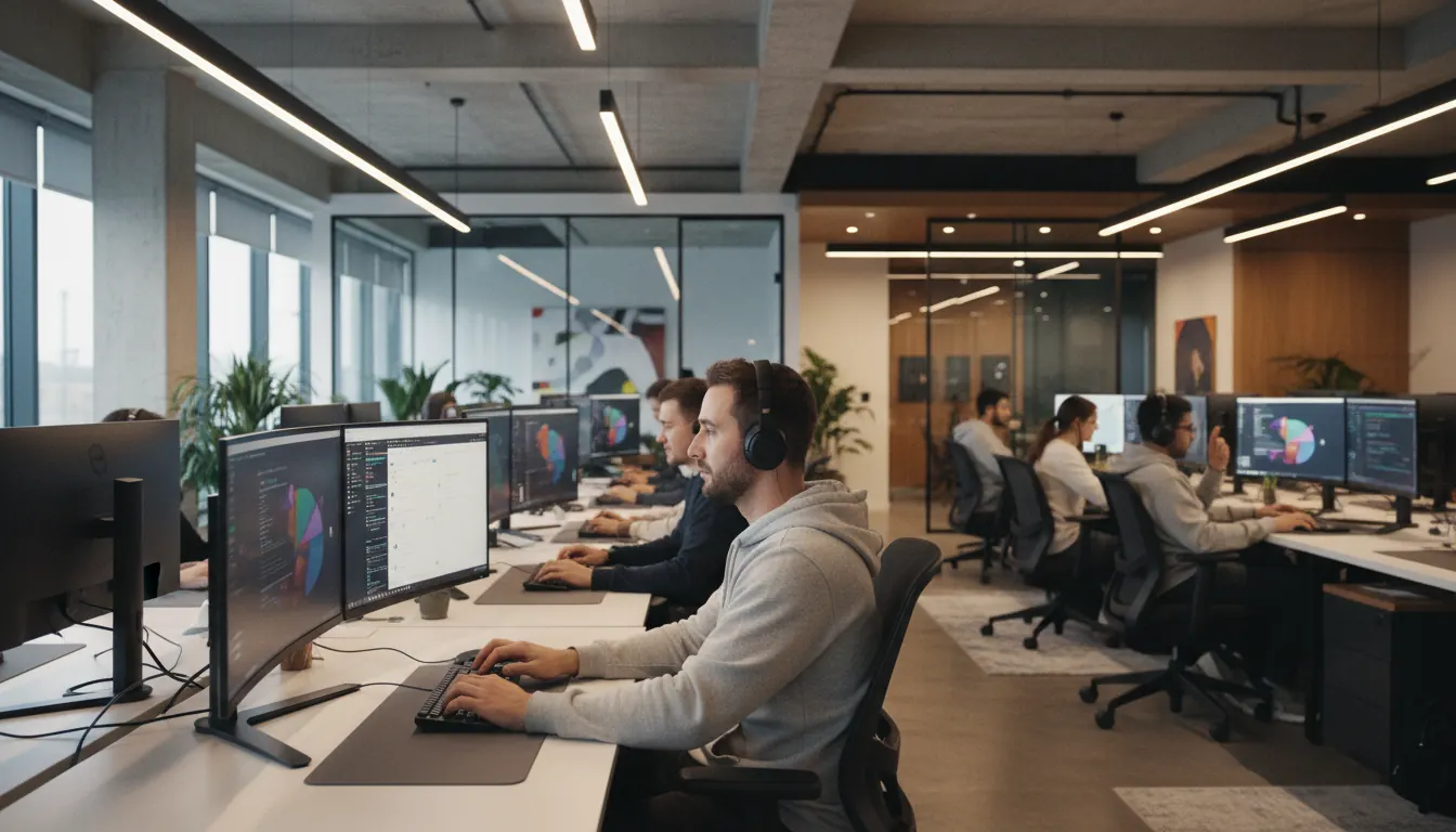 Modern corporate office with professionals working on enterprise software solutions