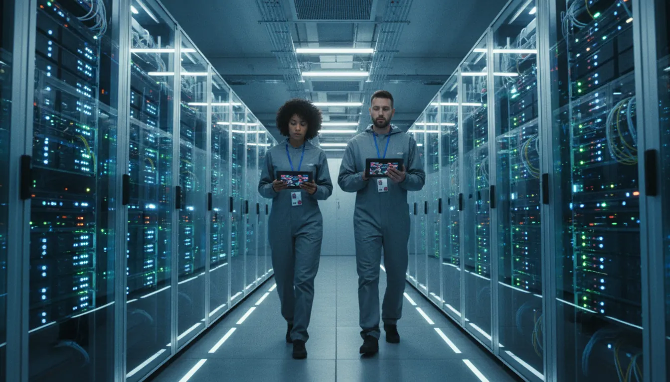 Modern server room with rows of illuminated equipment in a data center facility
