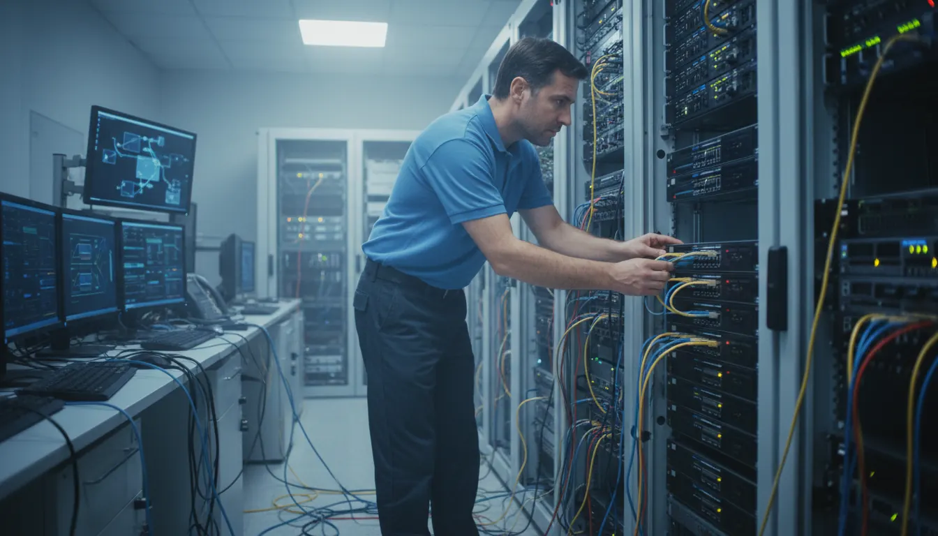 Network engineer examining multiple connected computer systems and servers in technology room