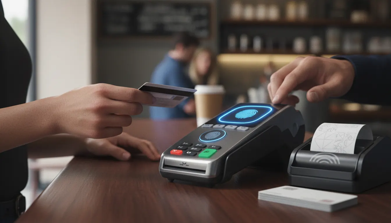 Close-up of secure payment terminal and financial transaction processing equipment