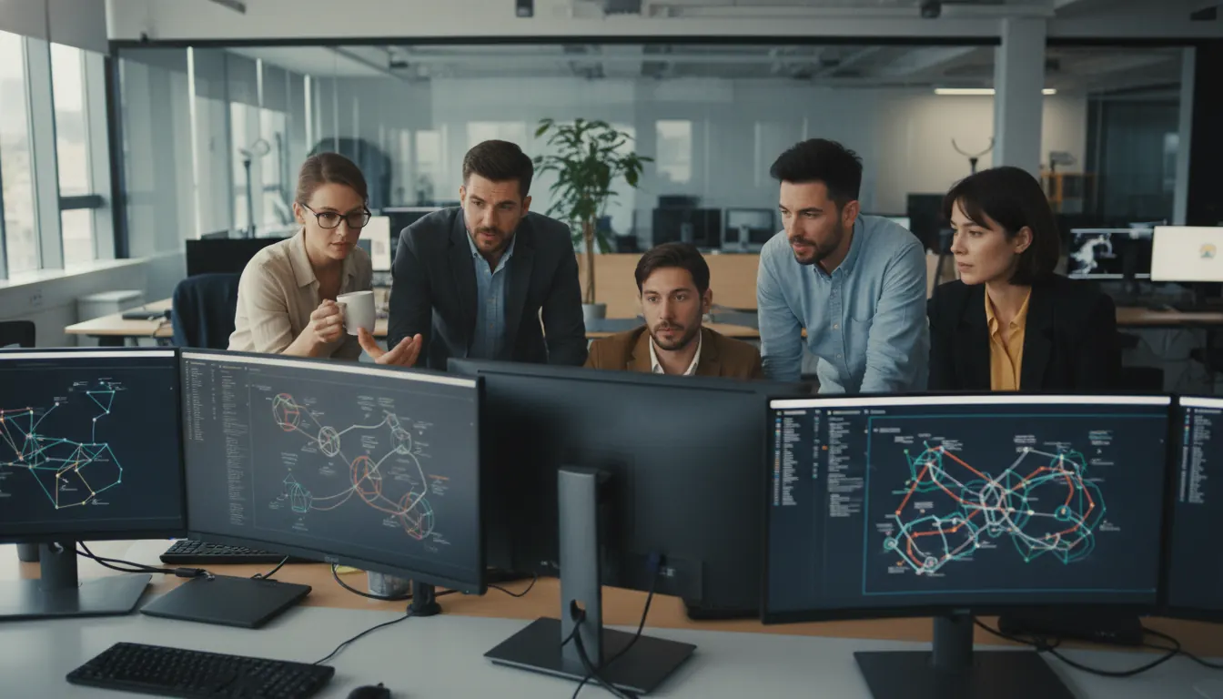 Professional team members analyzing multiple computer screens displaying data and system integrations in modern office