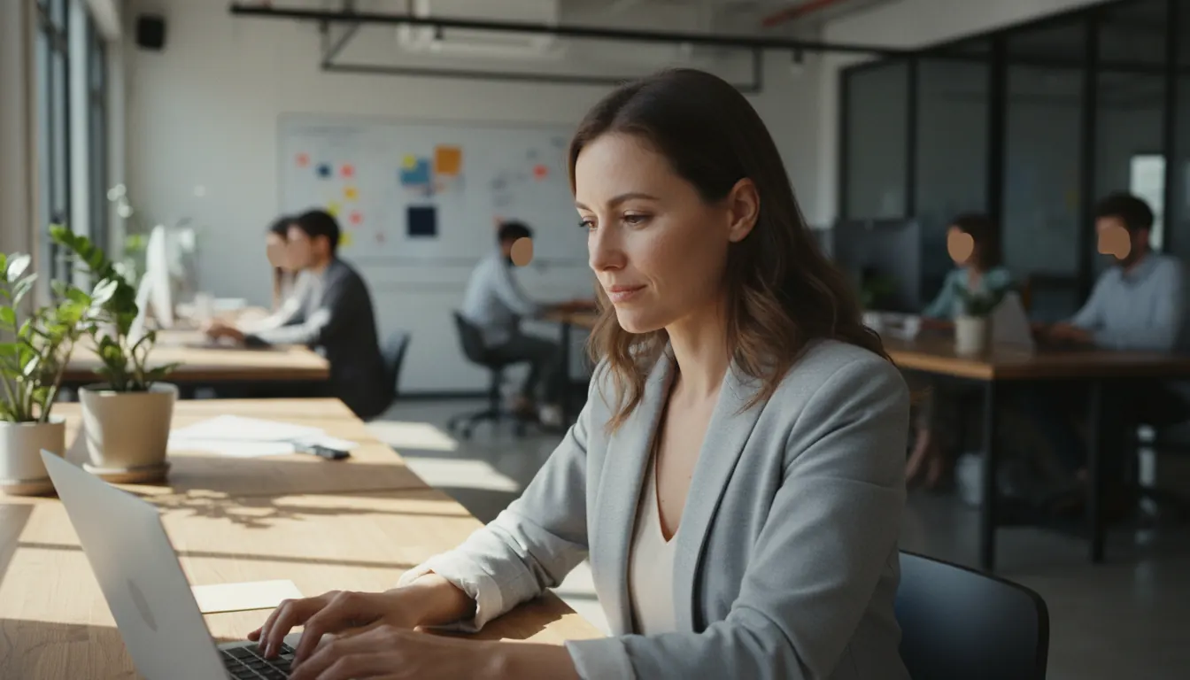 Professional employee working on laptop computer in contemporary office workspace