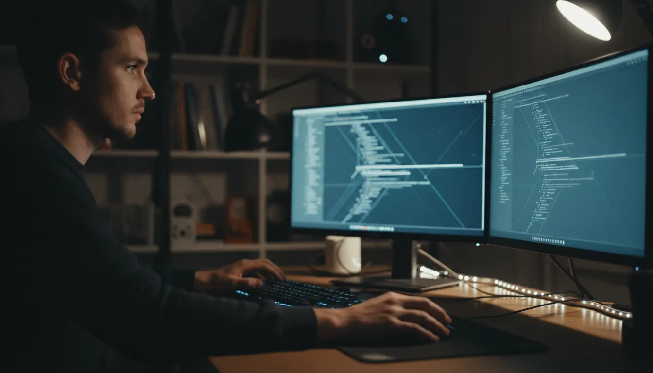 Professional programmer working on code with multiple computer screens in a dimly lit development environment
