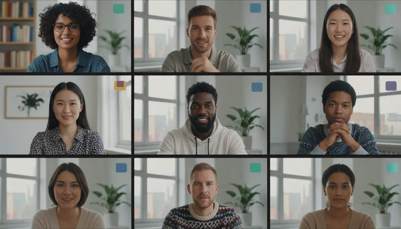 Diverse team of professionals participating in a video conference call on laptop screens showing remote collaboration