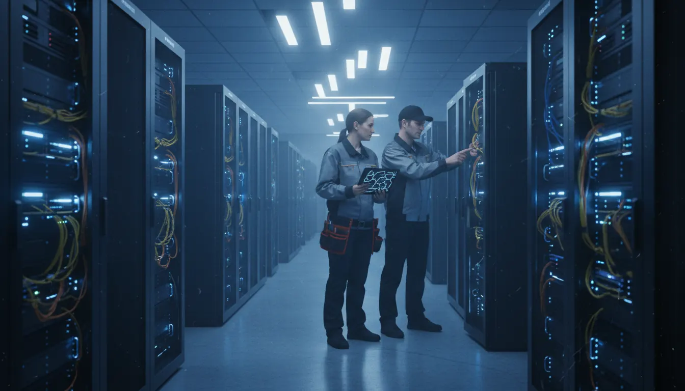 Modern data center with rows of server racks and blue lighting