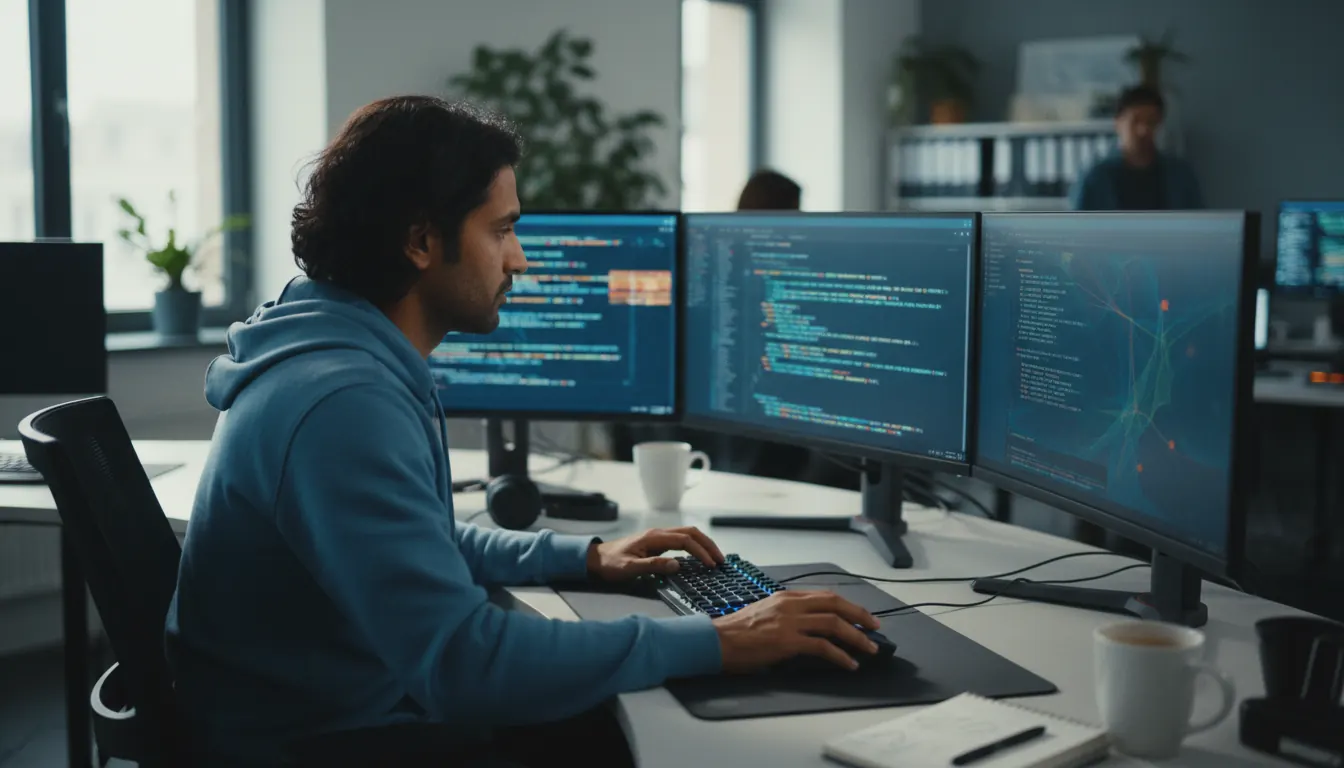 Software developer programming business application code on multiple computer monitors