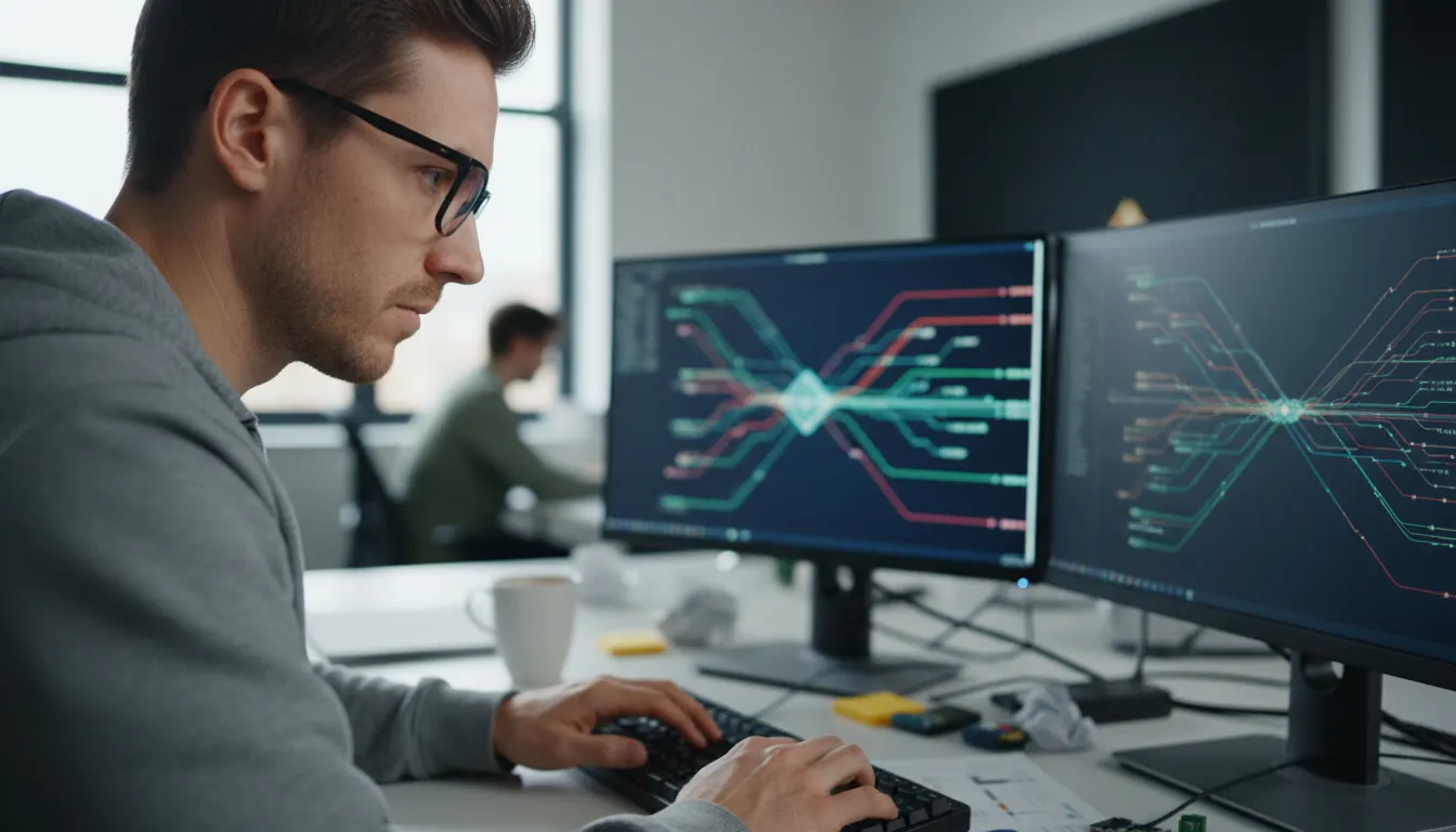 Software developer working on computer coding integration solutions