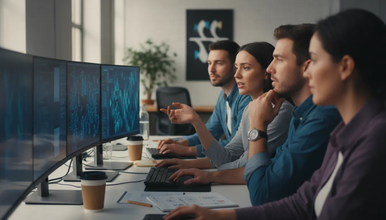 Team of software engineers collaborating at workstations with multiple monitors displaying code